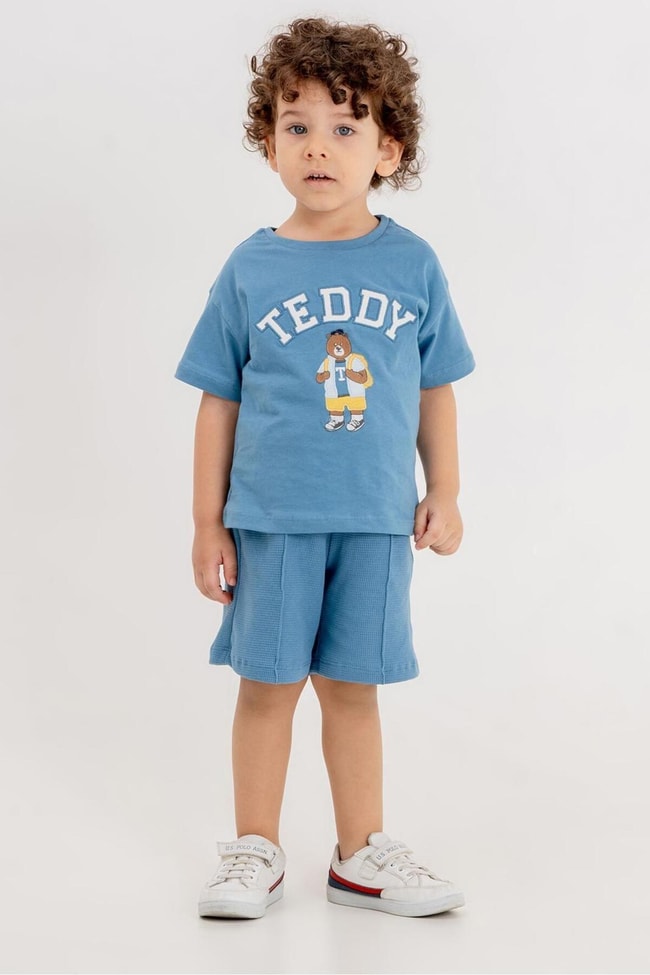 Erkek Çocuk Mavi Teddy  Pamuklu T-shirt Şort Alt-Üst Takım