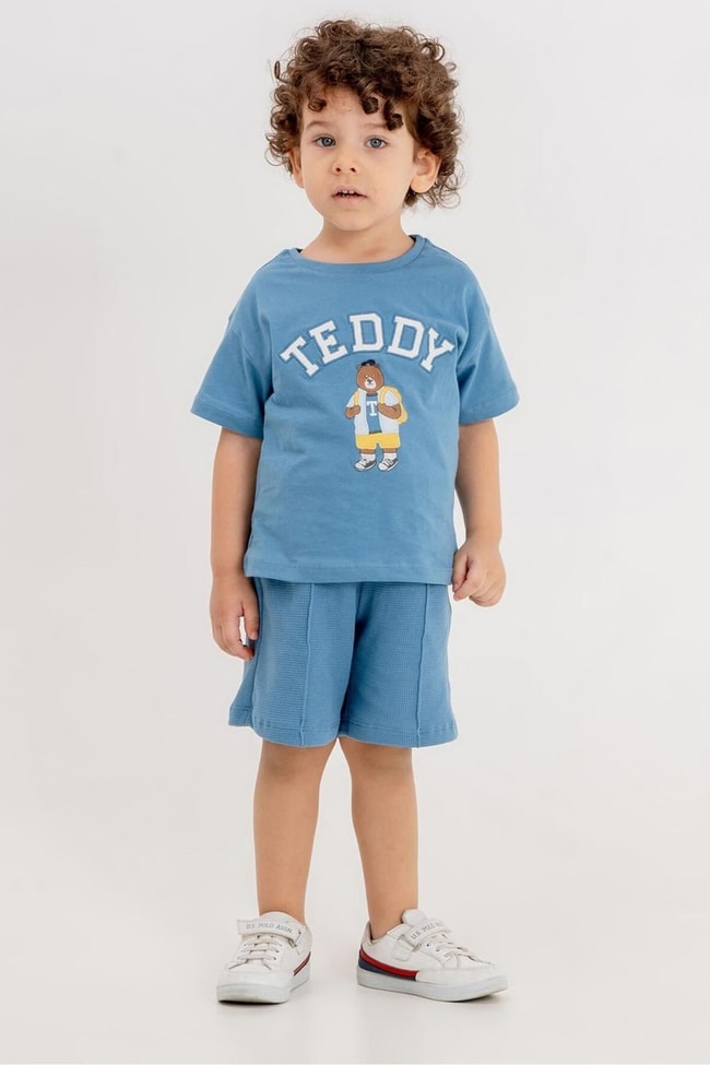 Erkek Çocuk Mavi Teddy  Pamuklu T-shirt Şort Alt-Üst Takım