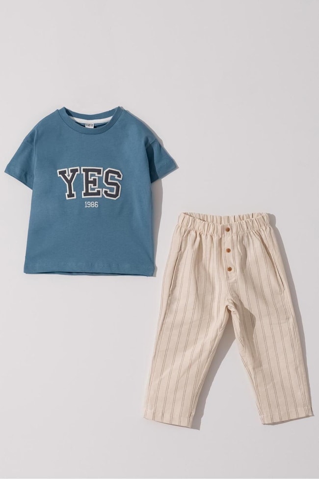Erkek Çocuk Mavi Yes Desenli Pamuklu T-shirt Müslin Pantolon Alt-Üst Takım