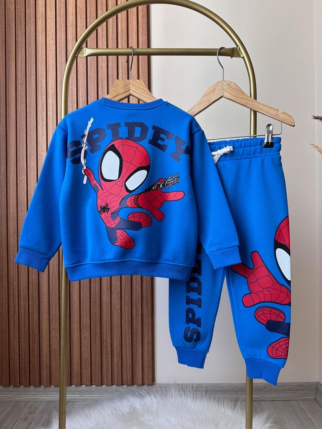 Erkek Çocuk Örümcek Adam Kışlık 3 iplik Pamuklu Sweatshirt Eşofman Alt-Üst Takım
