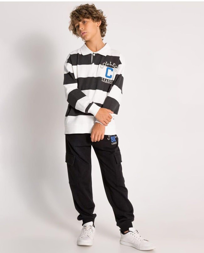 Erkek Çocuk Pamuklu Kışlık Çizgili Polo Yaka Pamuklu Sweatshirt Eşofman Alt-Üst Takım