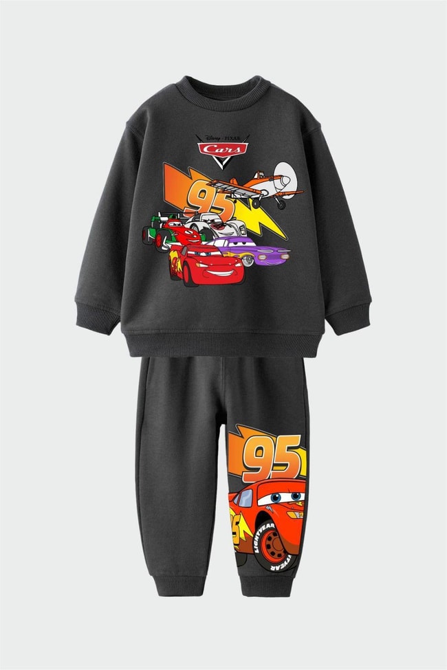 Erkek Çocuk Siyah Arabalar Desenli Pamuklu Sweatshirt Eşofman Alt-Üst Takım