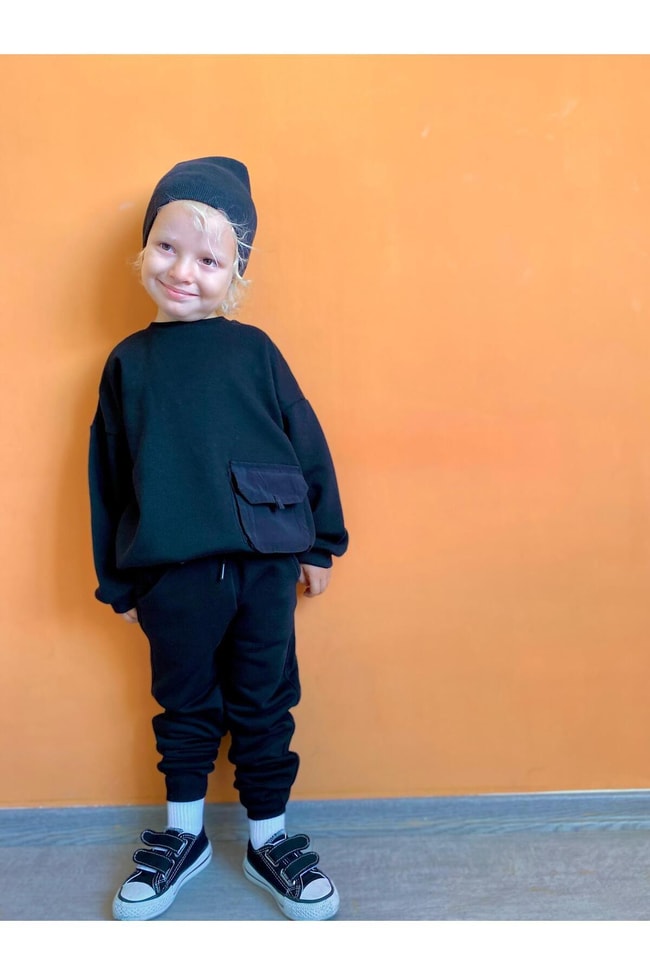 Erkek Çocuk Siyah Cepli Pamuklu Sweatshirt Eşofman Alt-Üst Takım