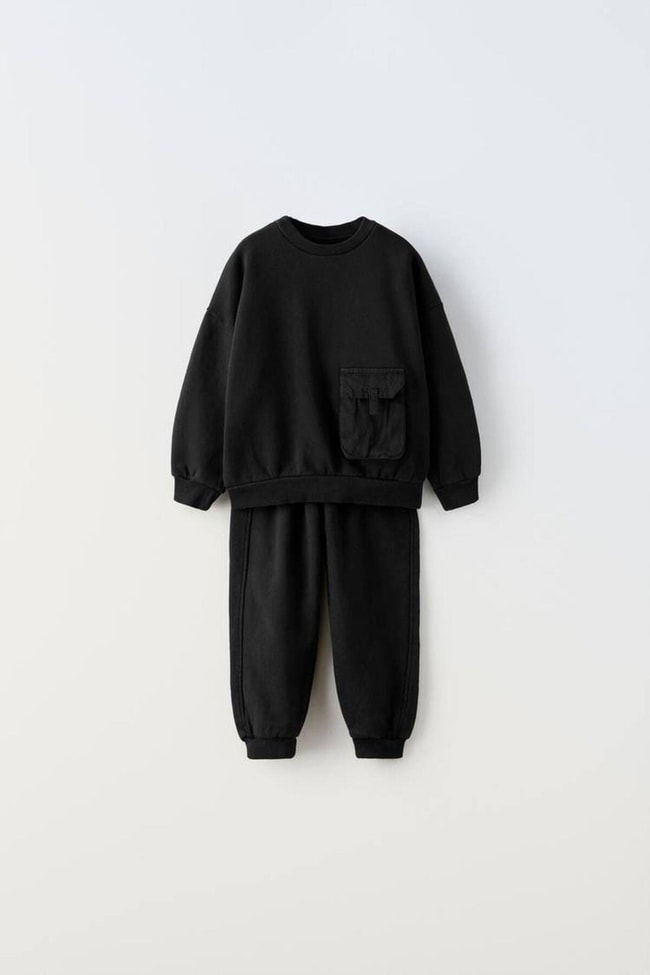 Erkek Çocuk Siyah Cepli Pamuklu Sweatshirt Eşofman Alt-Üst Takım