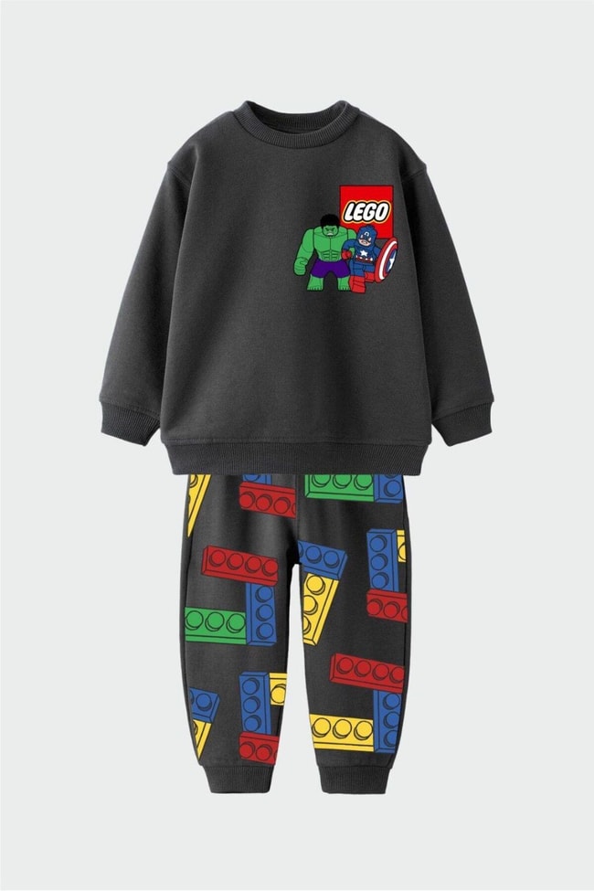 Erkek Çocuk Siyah Desenli Pamuklu Sweatshirt Eşofman Alt-Üst Takım