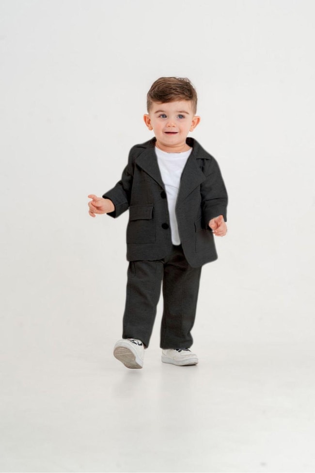 Erkek Çocuk Siyah Keten Ceket T-shirt Pantolon Alt-Üst Takım