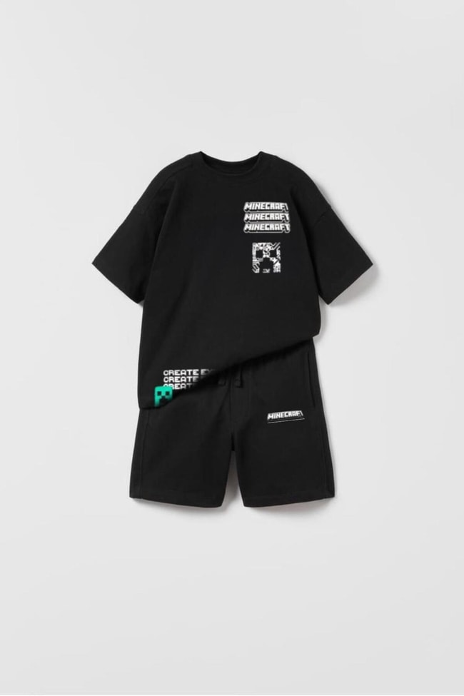 Erkek Çocuk Siyah Minecraft Baskılı T-shirt Eşofman Alt-Üst Takım