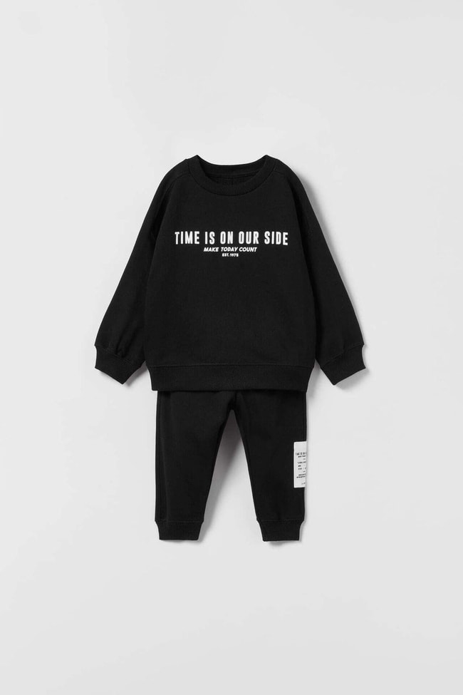 Erkek Çocuk Siyah Pamuklu Sweatshirt Eşofman Yazılı Alt-üst Takım