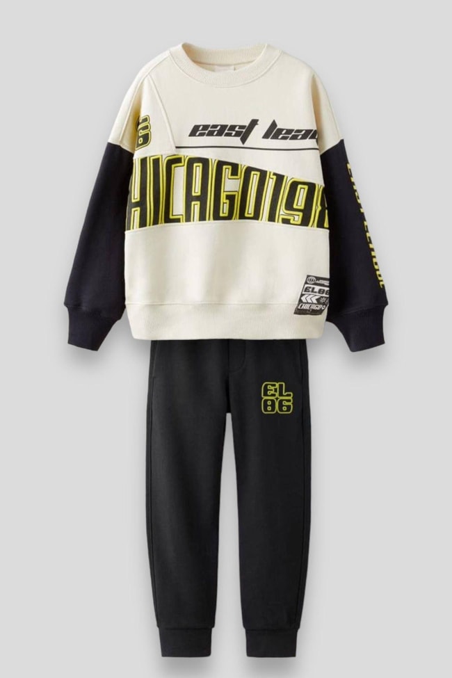 Erkek Çocuk Siyah Slogan Desenli Pamuklu Sweatshirt Eşofman Alt-Üst Takım