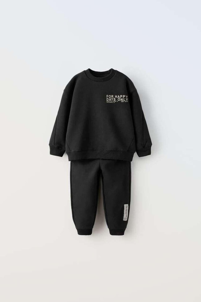 Erkek Çocuk Siyah Sloganlı Pamuklu Sweatshirt Jogger Eşofman Alt-Üst Takım
