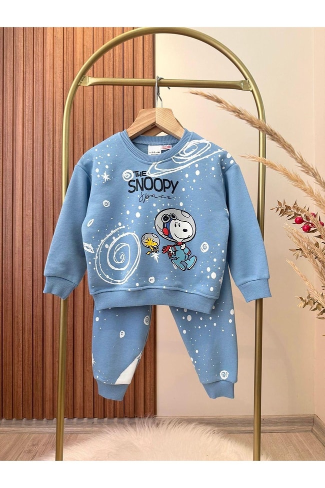 Erkek Çocuk Snoopy Desenli Kışlık 3 İplik Pamuklu Sweatshirt Eşofman Alt-Üst Takım