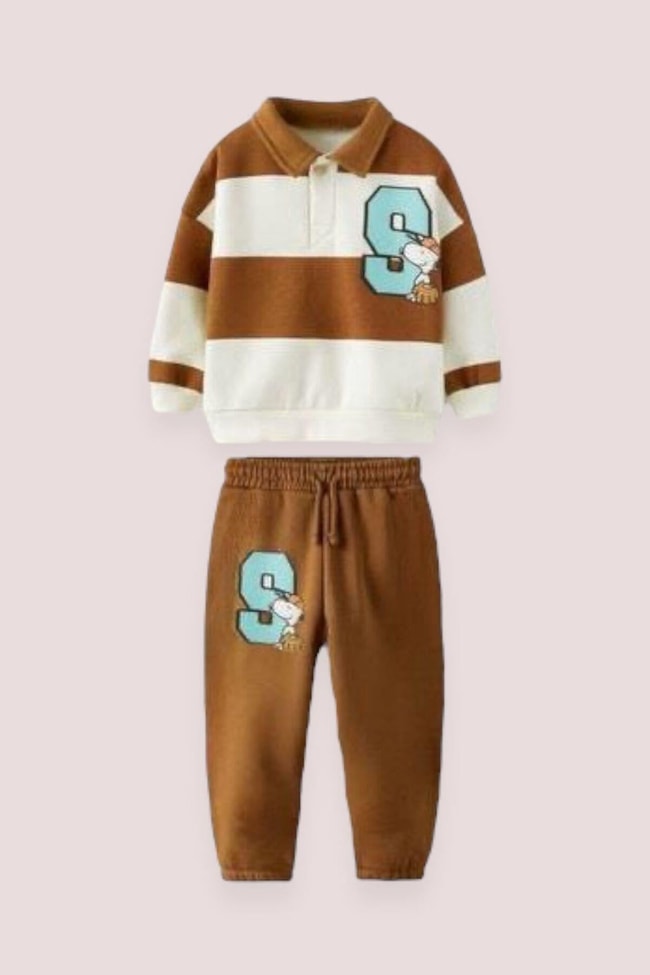 Erkek Çocuk Snoopy Desenli Polo Yaka Pamuklu Sweatshirt Eşofman Alt-Üst Takım
