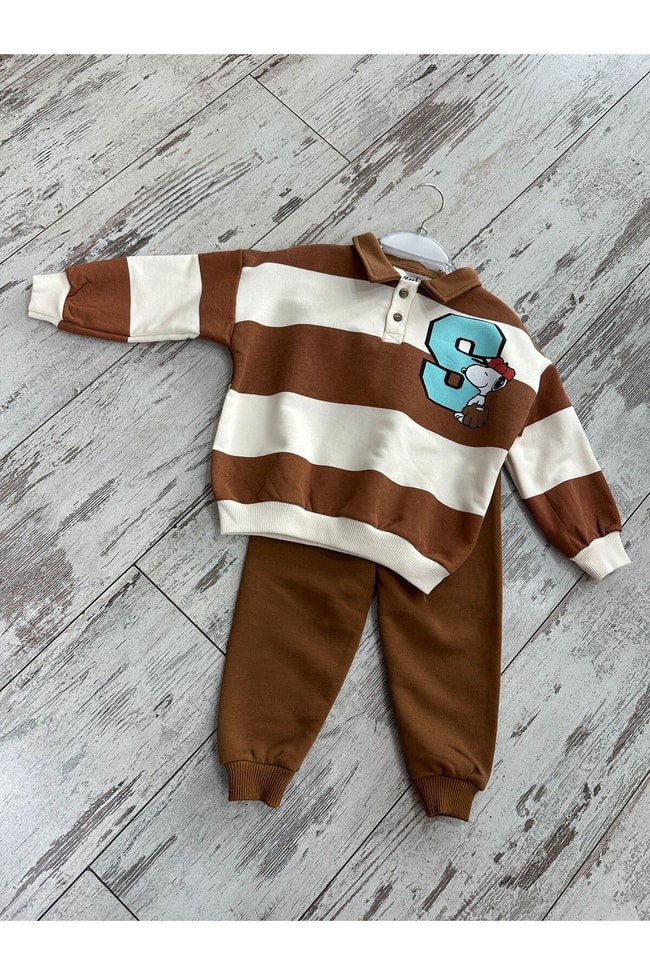 Erkek Çocuk Snoopy Desenli Polo Yaka Pamuklu Sweatshirt Eşofman Alt-Üst Takım