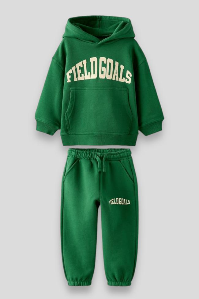 Erkek Çocuk Yeşil Sloganlı 3 iplik Kışlık Pamuklu Kapüşonlu Sweatshirt Eşofman Alt-Üst Takım
