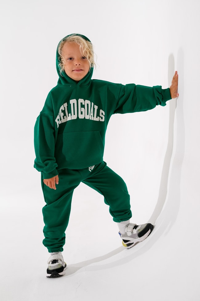 Erkek Çocuk Yeşil Sloganlı 3 iplik Kışlık Pamuklu Kapüşonlu Sweatshirt Eşofman Alt-Üst Takım