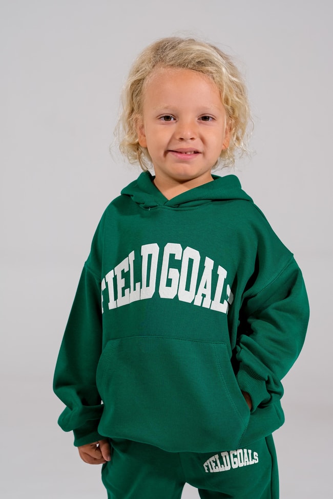 Erkek Çocuk Yeşil Sloganlı 3 iplik Kışlık Pamuklu Kapüşonlu Sweatshirt Eşofman Alt-Üst Takım