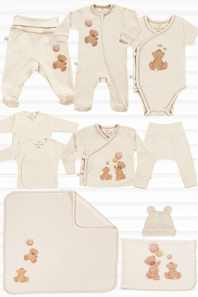 Fluffy Bear Unisex 10 Parça Hastane Çıkışı Takımı Organik Pamuk Yenidoğan Set
