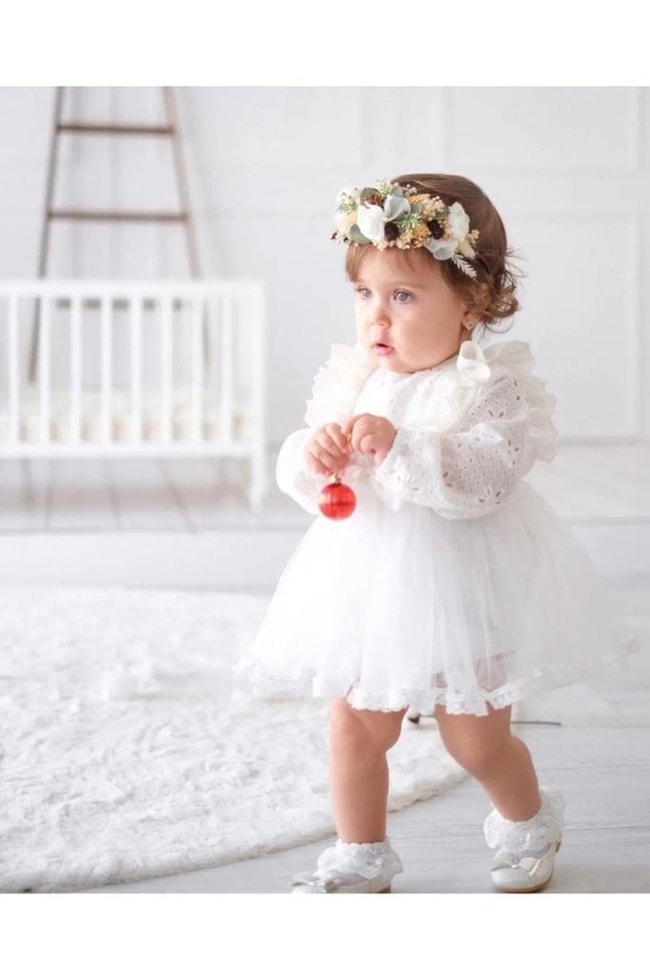 Kız Bebek Beyaz Güpürlü Kabarık Prenses Elbise