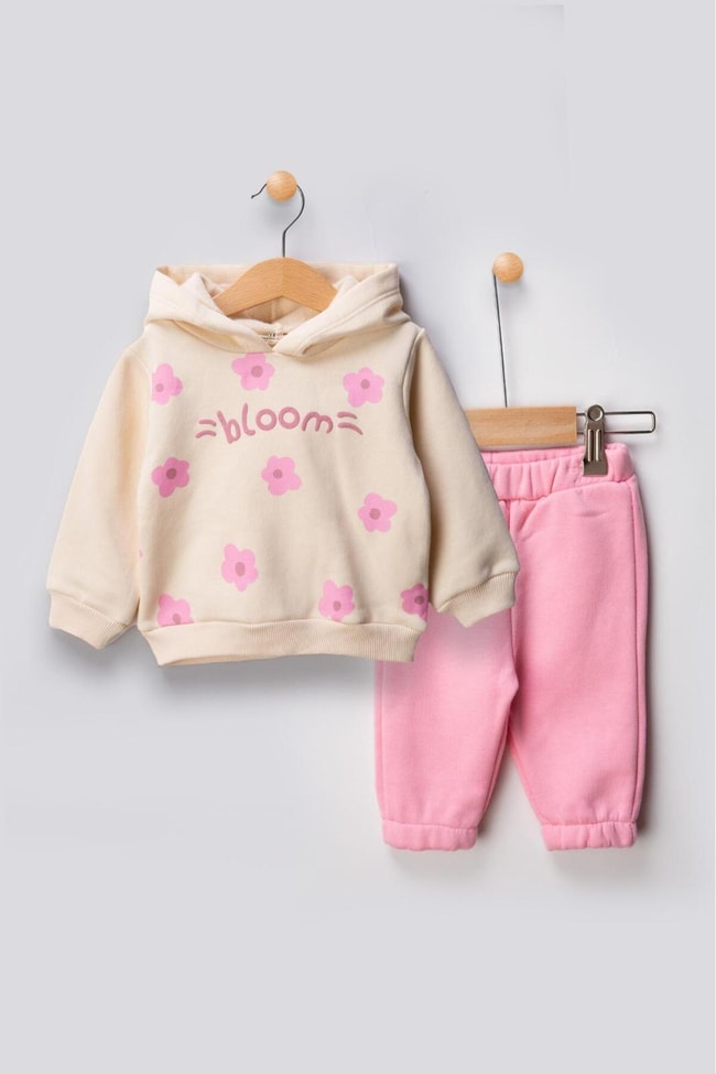 Kız Bebek Çiçek Desenli Pamuklu Sweatshirt Eşofman Alt-Üst Takım