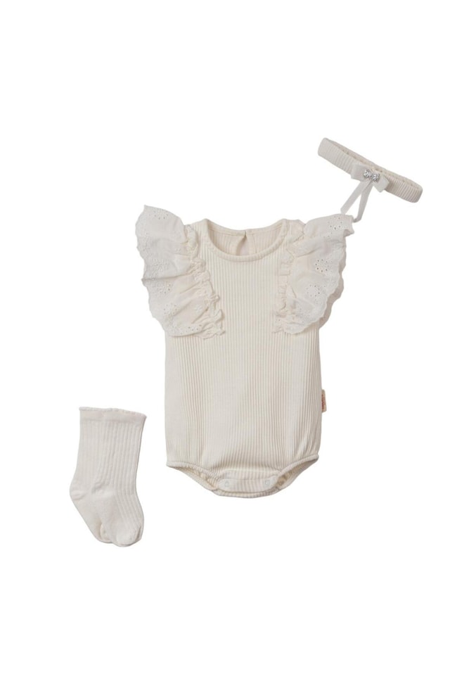 Kız Bebek Pamuklu Beyaz Fistolu Çıtçılı Bady Çorap Bandana Set
