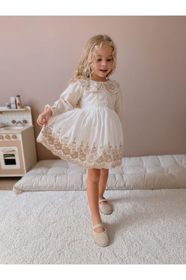 Kız Çocu Ekru Çiçek İşlemeli Astarlı Bebe Yaka Vintage Elbise