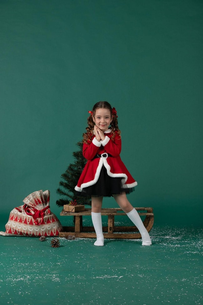 Kız Çocuk Bebe Yaka Yılbaşı Noel İşlemeli Kemerli Elbise