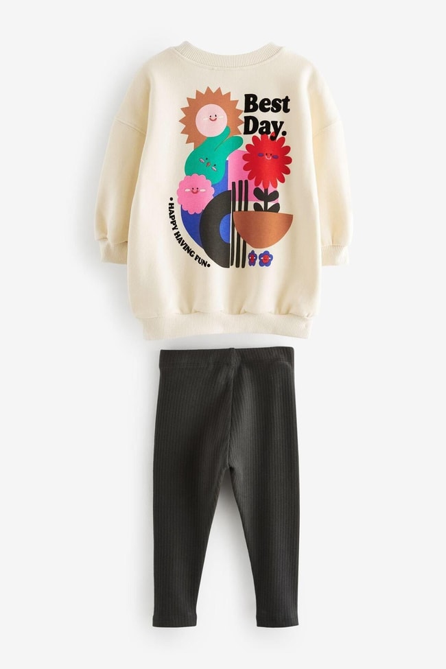 Kız Çocuk Best Day Desenli Pamuklu Sweatshirt Tayt Alt-Üst Takım
