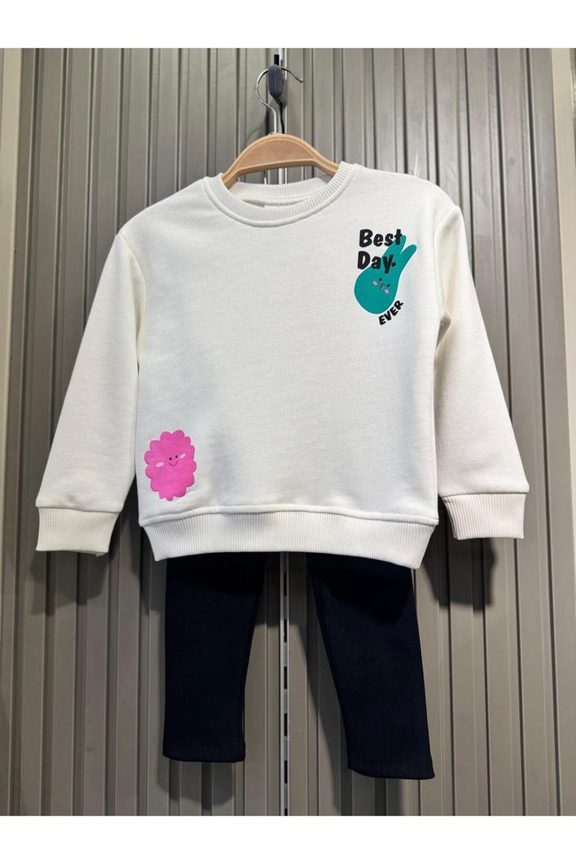 Kız Çocuk Best Day Desenli Pamuklu Sweatshirt Tayt Alt-Üst Takım