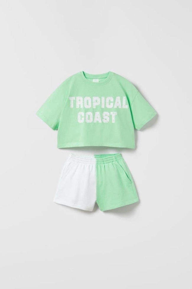 Kız Çocuk Blok Desenli Tropical Coast Baskılı Crop Top T-shirt Şort Alt-Üst Takım