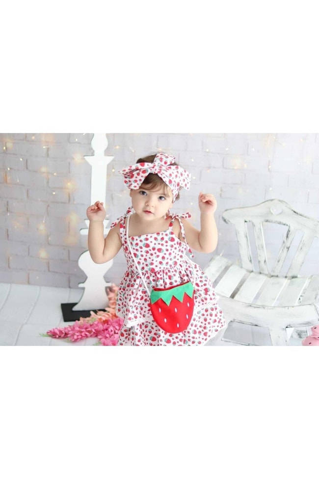 Kız Çocuk Çantalı Çilekli Elbise