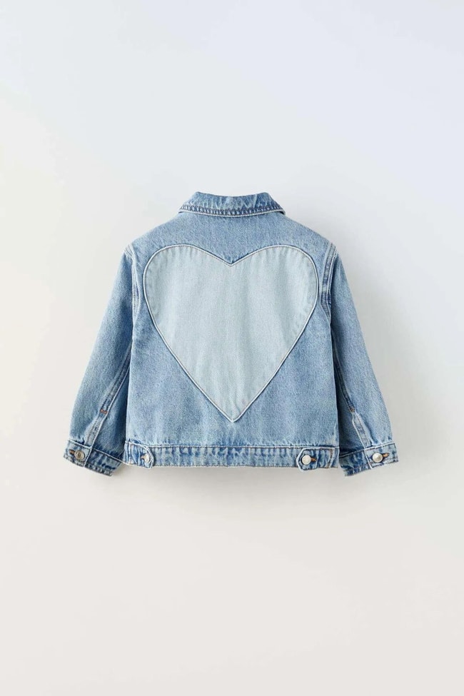 Kız Çocuk Denim Kalp Desenli Kot Ceket