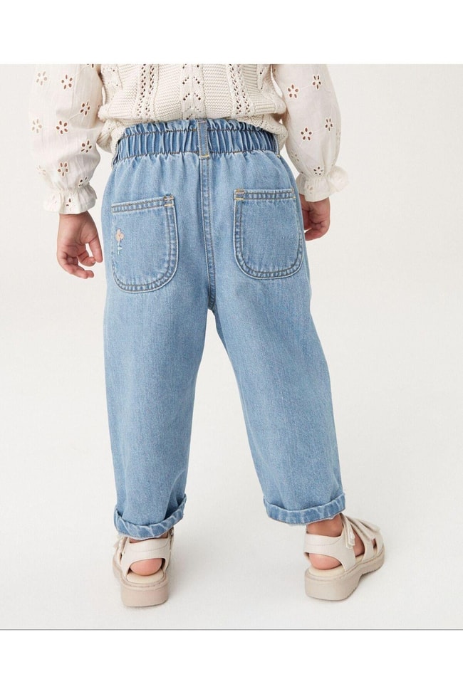 Kız Çocuk Denim Mavi Çiçek Nakışlı Kot Pantolon