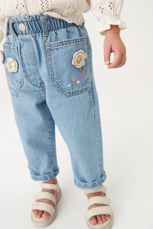 Kız Çocuk Denim Mavi Çiçek Nakışlı Kot Pantolon
