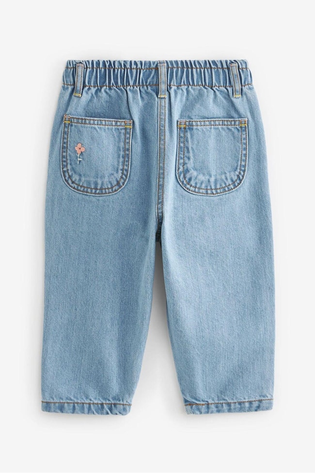 Kız Çocuk Denim Mavi Çiçek Nakışlı Kot Pantolon
