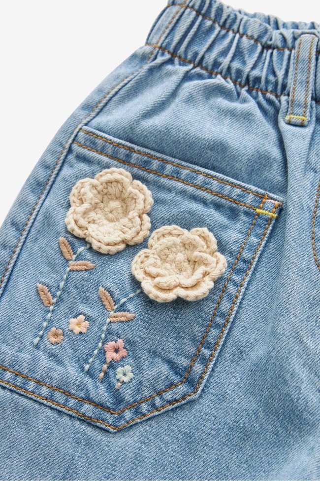 Kız Çocuk Denim Mavi Çiçek Nakışlı Kot Pantolon