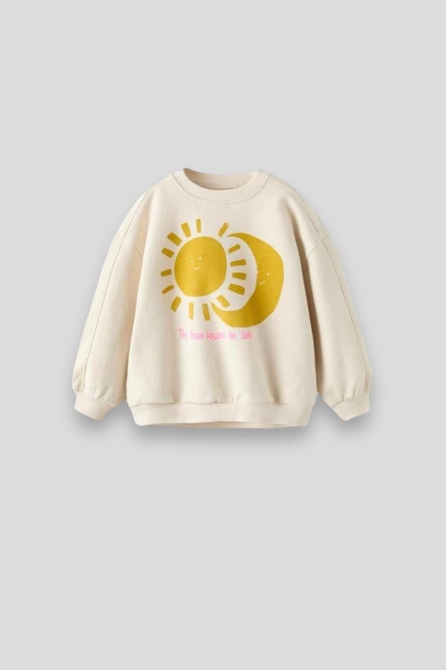 Kız Çocuk Ekru Güneş Ay Pamuklu Sweatshirt Eşofman Alt-Üst Takım
