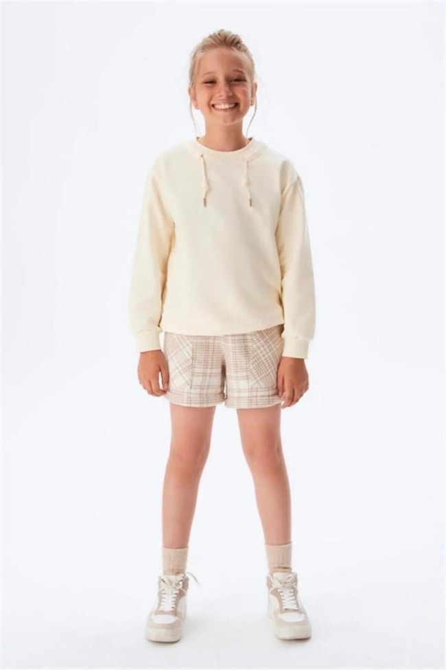 Kız Çocuk Ekru Halatlı Pamuklu Sweatshirt
