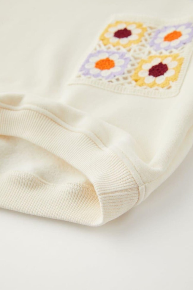 Kız Çocuk Ekru Örgü İşlemeli Pamuklu Sweatshirt