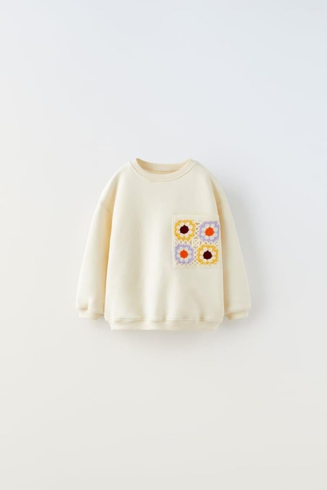 Kız Çocuk Ekru Örgü İşlemeli Pamuklu Sweatshirt