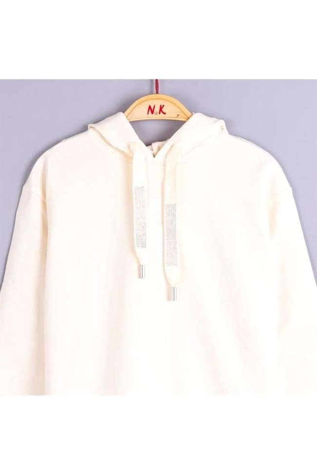 Kız Çocuk Ekru Taşlı Kapüşonlu Pamuklu Sweatshirt