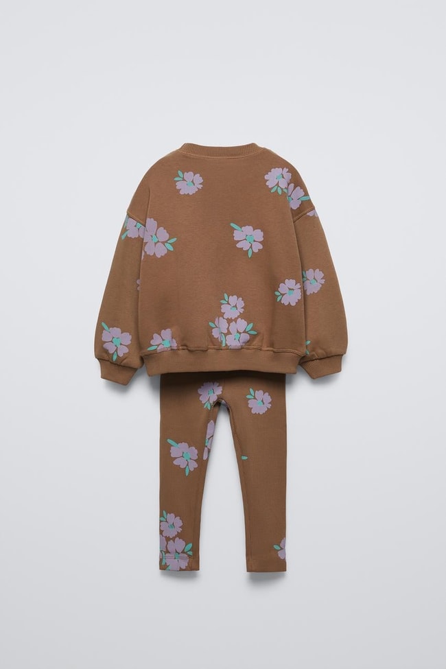 Kız Çocuk Kahverengi Çiçek Desenli Pamuklu Sweatshirt Tayt Alt-Üst Takım