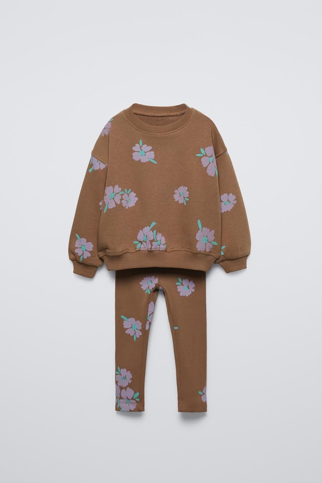 Kız Çocuk Kahverengi Çiçek Desenli Pamuklu Sweatshirt Tayt Alt-Üst Takım