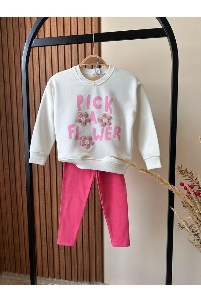 Kız Çocuk Kışlık Mavi Pembe Desenli Pamuklu Sweatshirt Tayt Alt-Üst Takım