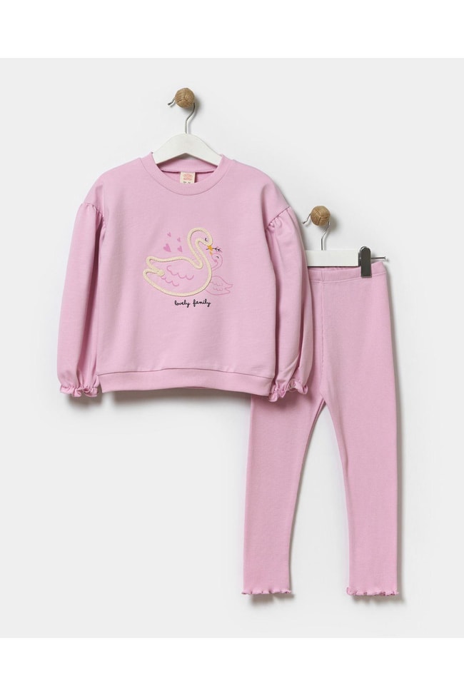 Kız Çocuk Leylak Pamuklu Kuğu Nakışlı Pamuklu Sweatshirt Tayt Alt-Üst Takım
