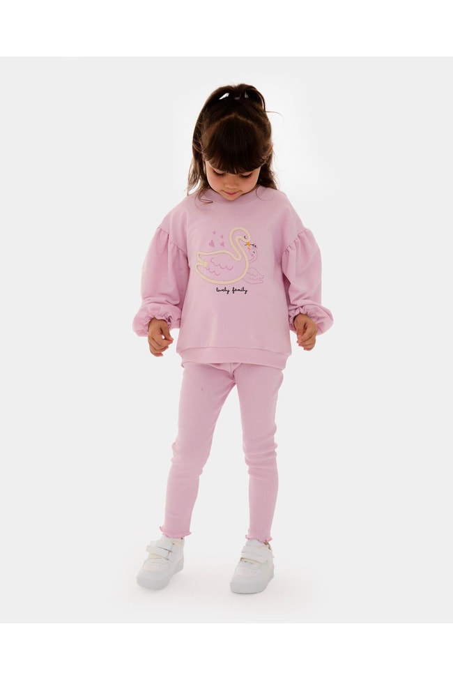 Kız Çocuk Leylak Pamuklu Kuğu Nakışlı Pamuklu Sweatshirt Tayt Alt-Üst Takım