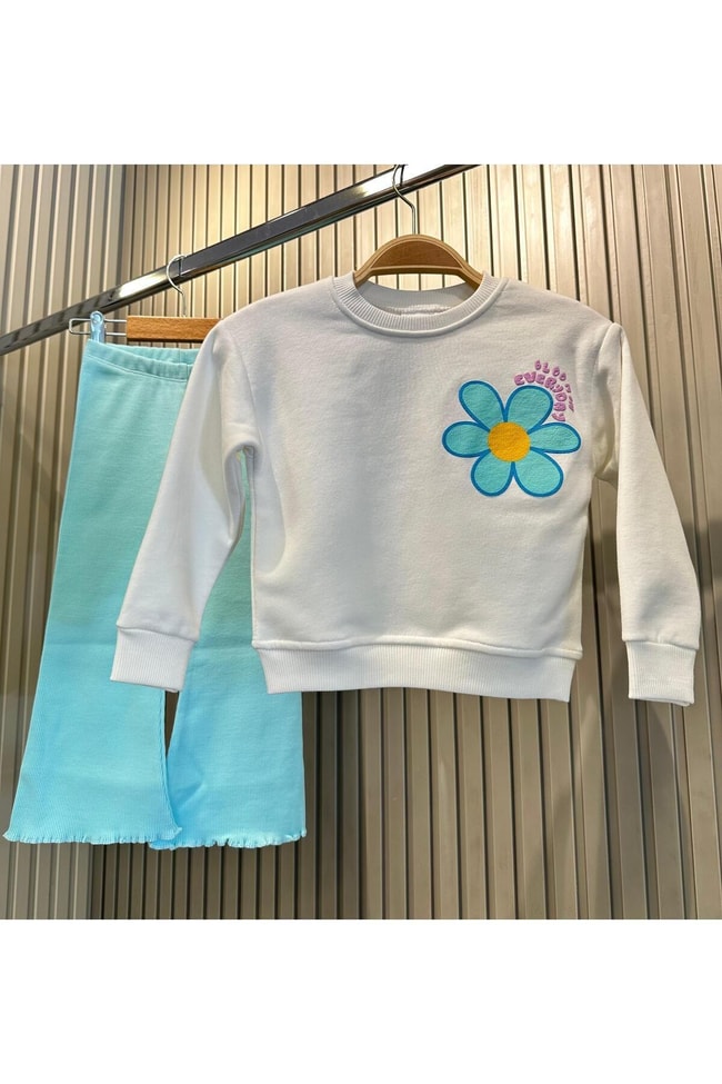 Kız Çocuk Mavi Çiçek Desenli Pamuklu Sweatshirt Fitilli Tayt Alt-Üst Takım