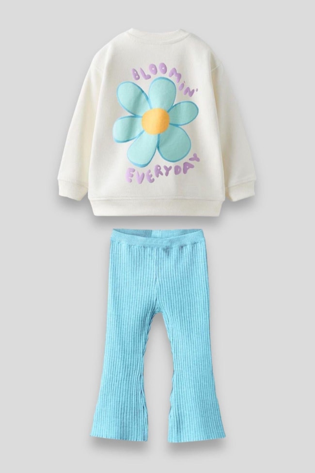 Kız Çocuk Mavi Çiçek Desenli Pamuklu Sweatshirt Fitilli Tayt Alt-Üst Takım