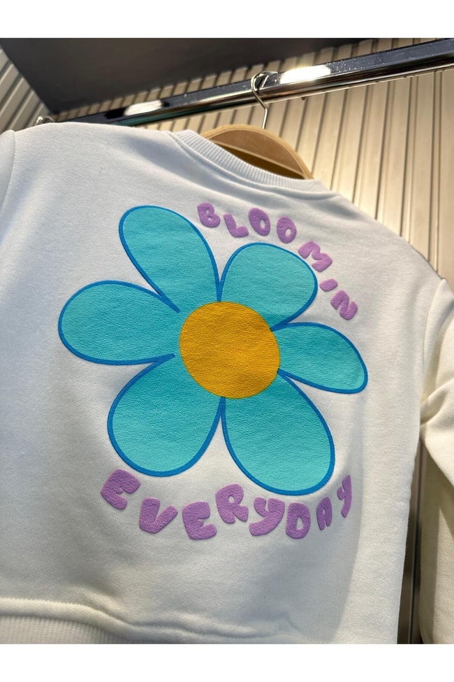 Kız Çocuk Mavi Çiçek Desenli Pamuklu Sweatshirt Fitilli Tayt Alt-Üst Takım