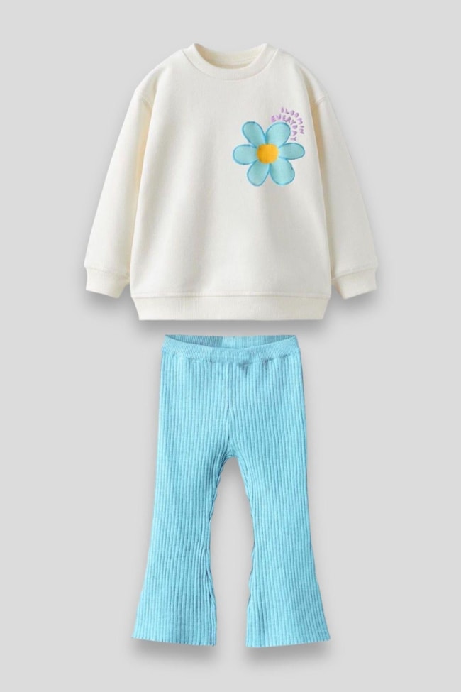 Kız Çocuk Mavi Çiçek Desenli Pamuklu Sweatshirt Fitilli Tayt Alt-Üst Takım