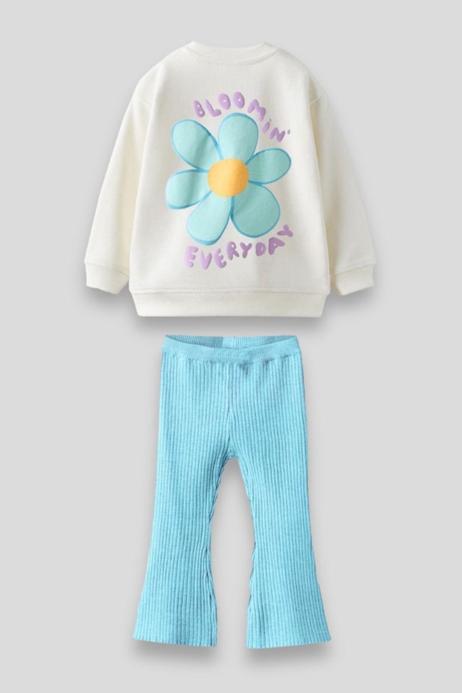 Kız Çocuk Mavi Çiçek Desenli Pamuklu Sweatshirt Fitilli Tayt Alt-Üst Takım